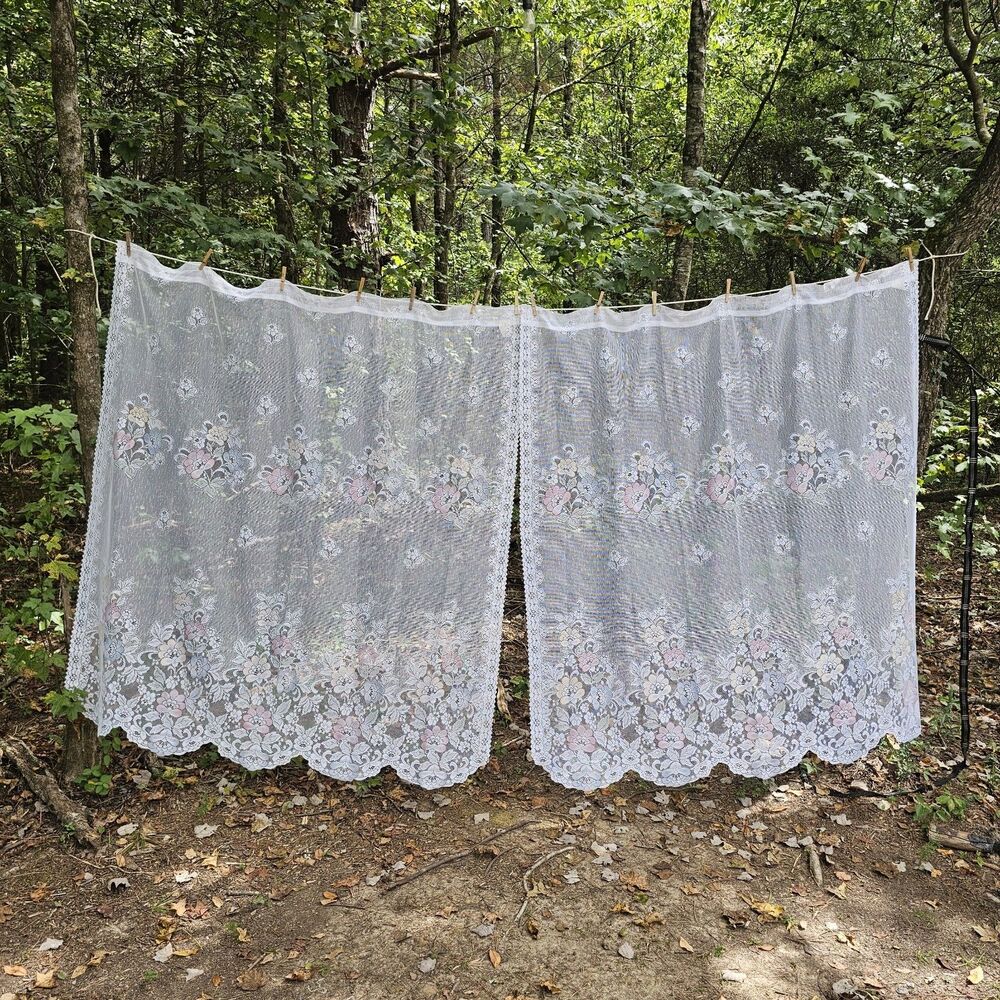 Vintage 90s JCPenney White Lace Curtains Pastel Floral Accents Scalloped Edge